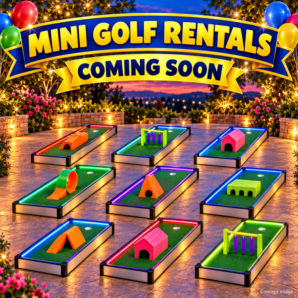 nine portable mini golf holes with colorful obstacles and LED lighting beneath Mini Golf Rentals